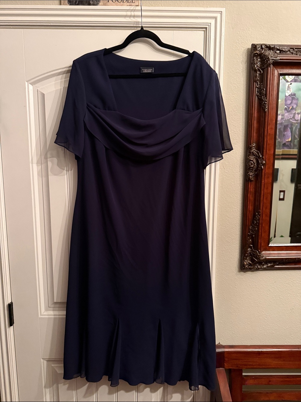 Classic Navy Midi Dress with Draped Overlay